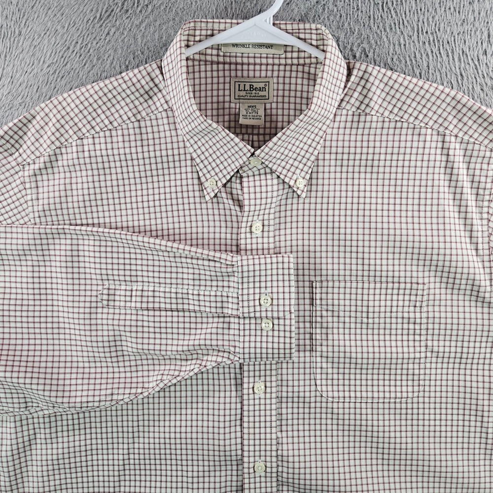 LL Bean Mens XL Tall Wrinkle Resistant Cotton Button Down Shirt Red White Check